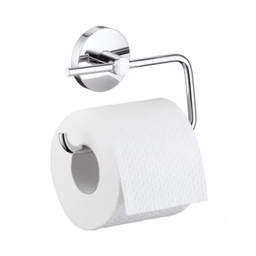Chromfarbener Toilettenpapierhalter von Hansgrohe, an der Wand montiert, mit einer Rolle Toilettenpapier.